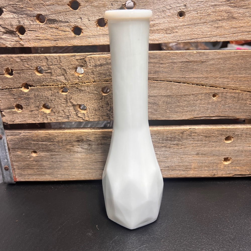 Vintage White Milk Glass Bud Vase Geometric Diamond Base 9 Inch Slim Neck